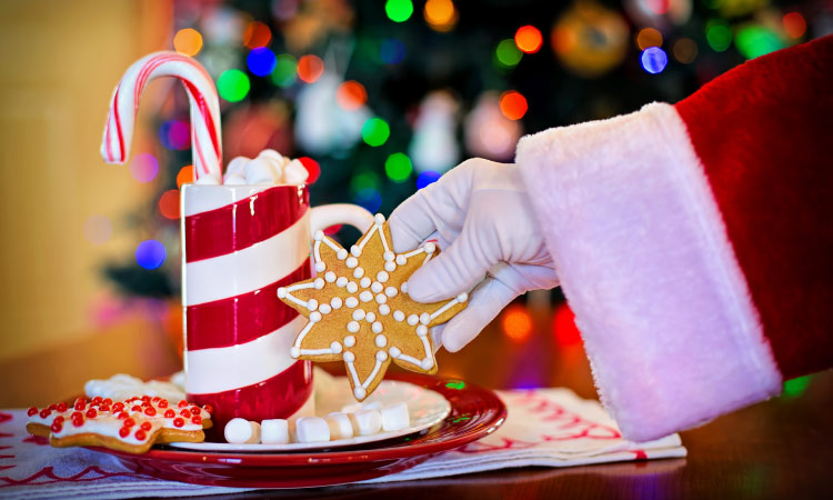 santa's hand reaching for christmas cookie and candycane